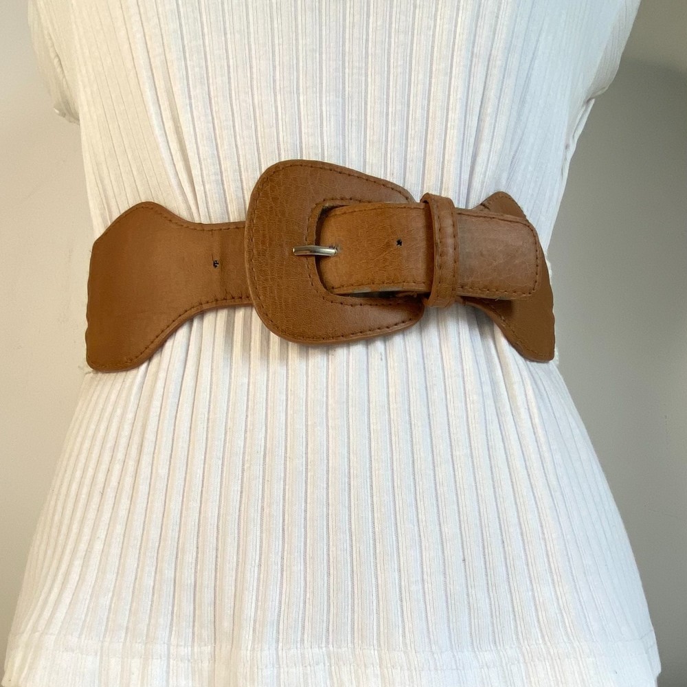 💎Womens Belt Elastic White Eyelet Tan Faux Leather Straps And Buckle